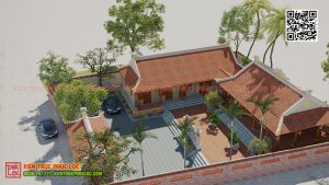 Mẫu thiết kế nhà gỗ 3 gian 4 mái kết hợp nhà ngang mái ngói cổ